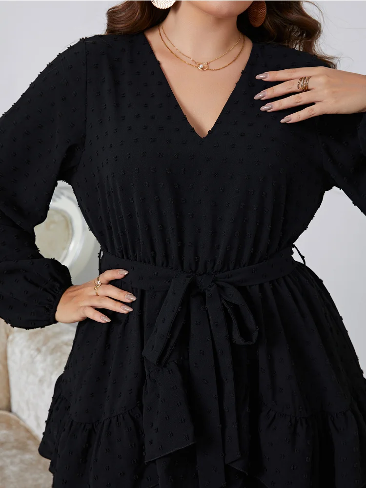 Temperament V-neck Multi layered Lace Dress Lantern Sleeves Large Dress plus size feminino evening dresses