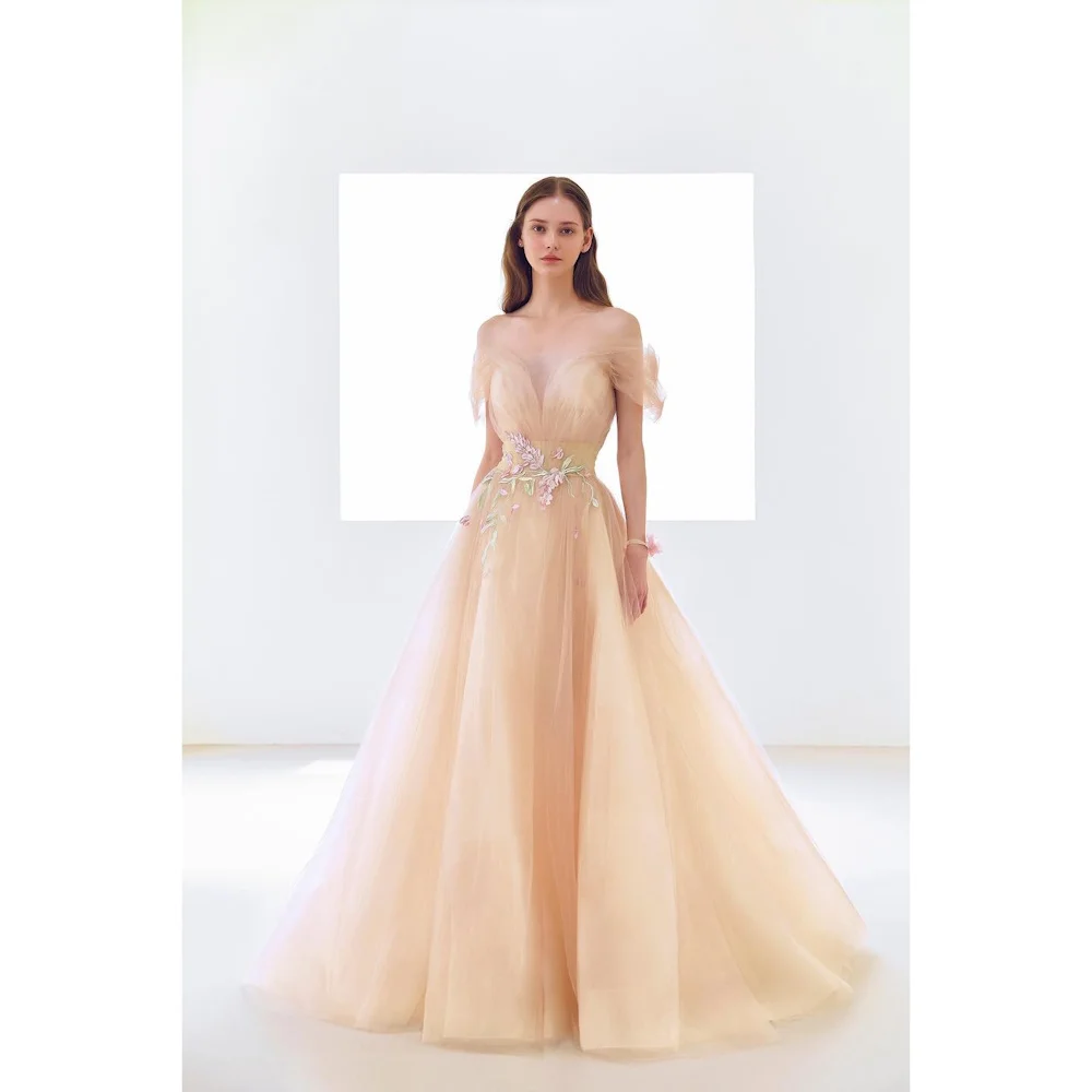 

CERMAE Tulle A-line Off-the-shoulder Neckline Ruffle Prom Gown Floor-Length Evening Formal Elegant Party Dress for Women 2023