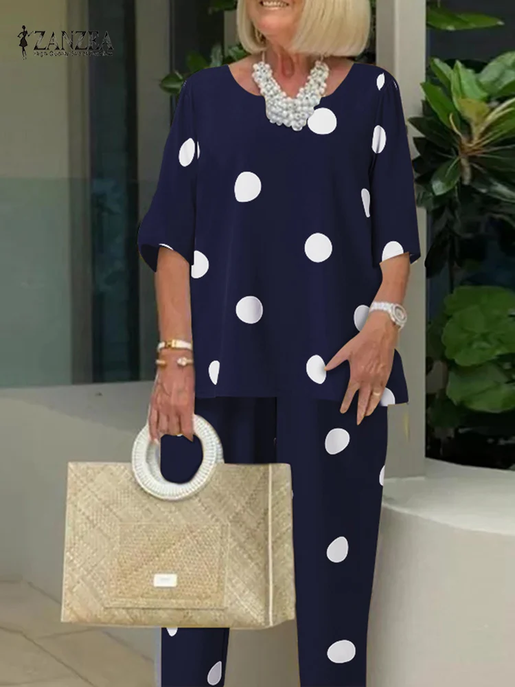 

ZANZEA Women Summer Polka Dot Printed Suits 2pcs Fashion Bohemian Half Sleeve Blouse Pants Sets Matching Sets Urban Tracksuit