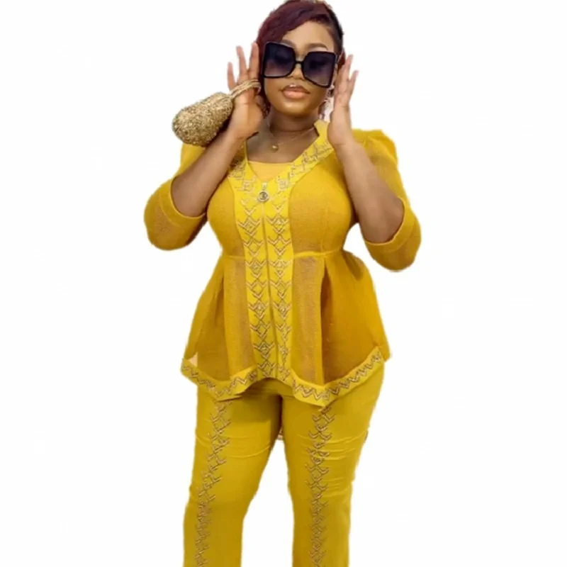 

3 Pieces Set Women Tracksuit Summer Clothes African Dresses for Women Casual Party Diamonds Tops Split Flare Pants Suits Outfits