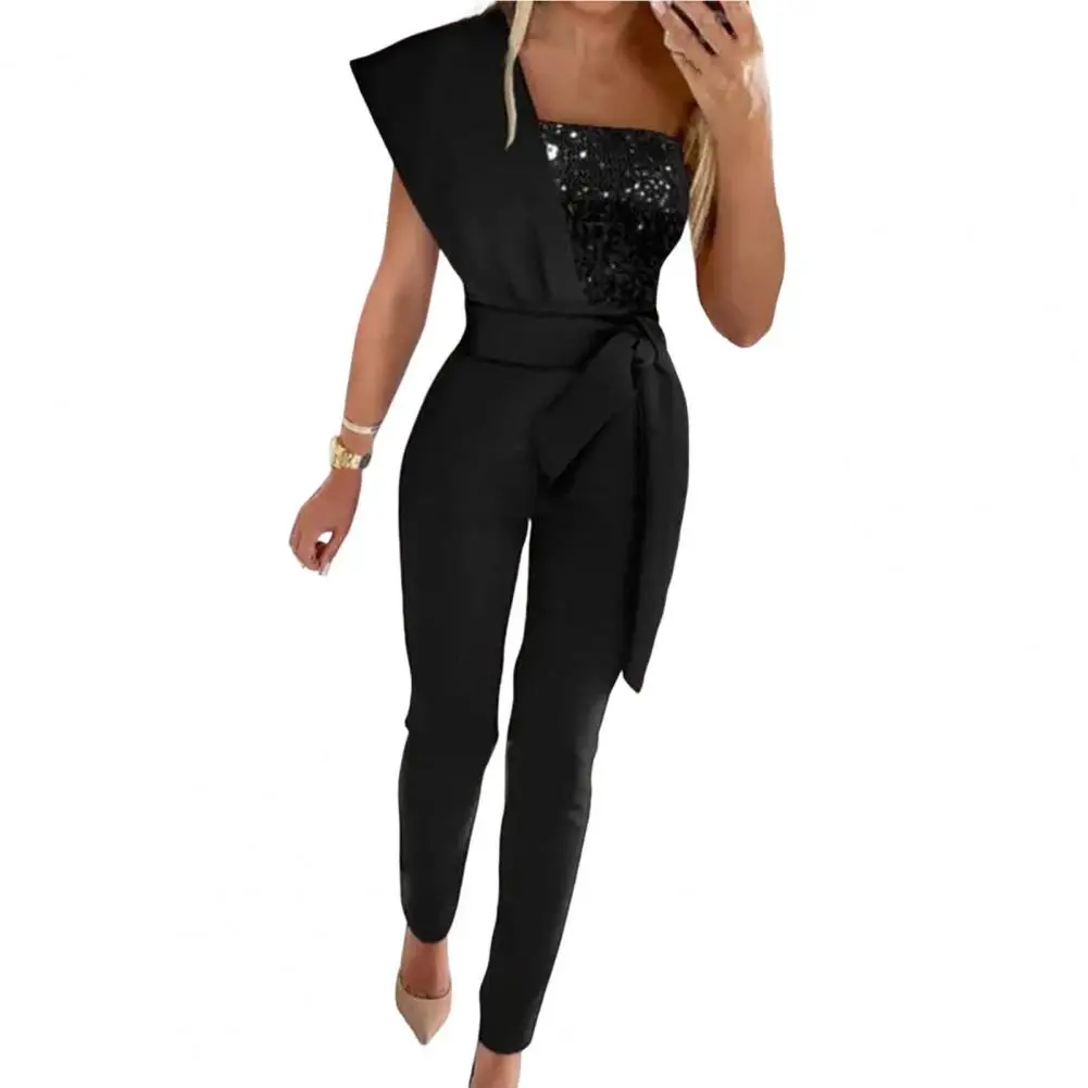

2023 Romper Women Bandeau High Waist Lace-up Long Pants Women Jumpsuit Sequin Patchwork One Shoulder Party Jumpsuit