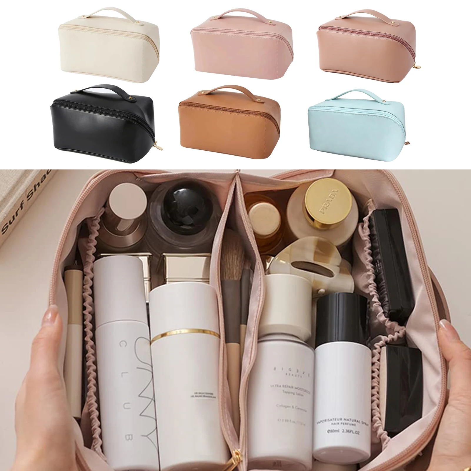 

Travel Cosmetic Bag Waterproof Leather Makeup Bag Large Capacity Toiletry Bag Skincare Cosmetics Toiletries With Handle Divider