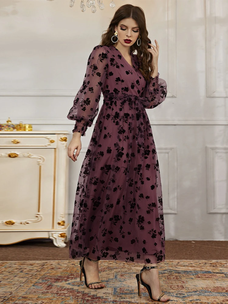 

Женское платье с V-образным вырезом, длинным рукавом и высокой талией