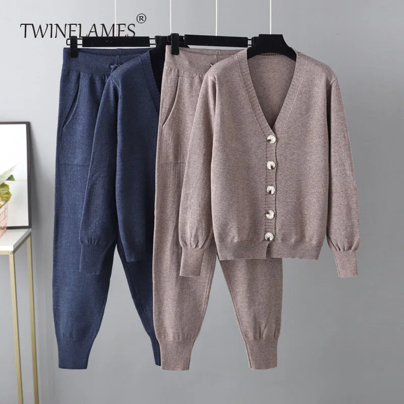 TWINFLAMES Autumn Winter 2 Pieces Knitted V-neck Cardigan Sweater Women Long Pants Suit Solid Pullover Sweater Two-piece Set