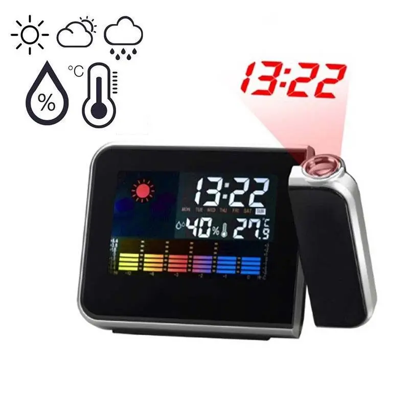 

2019 New Fashion Attention Projection Digital Weather LCD Snooze Alarm Clock Projector Color Display LED Backlight Bell Timer