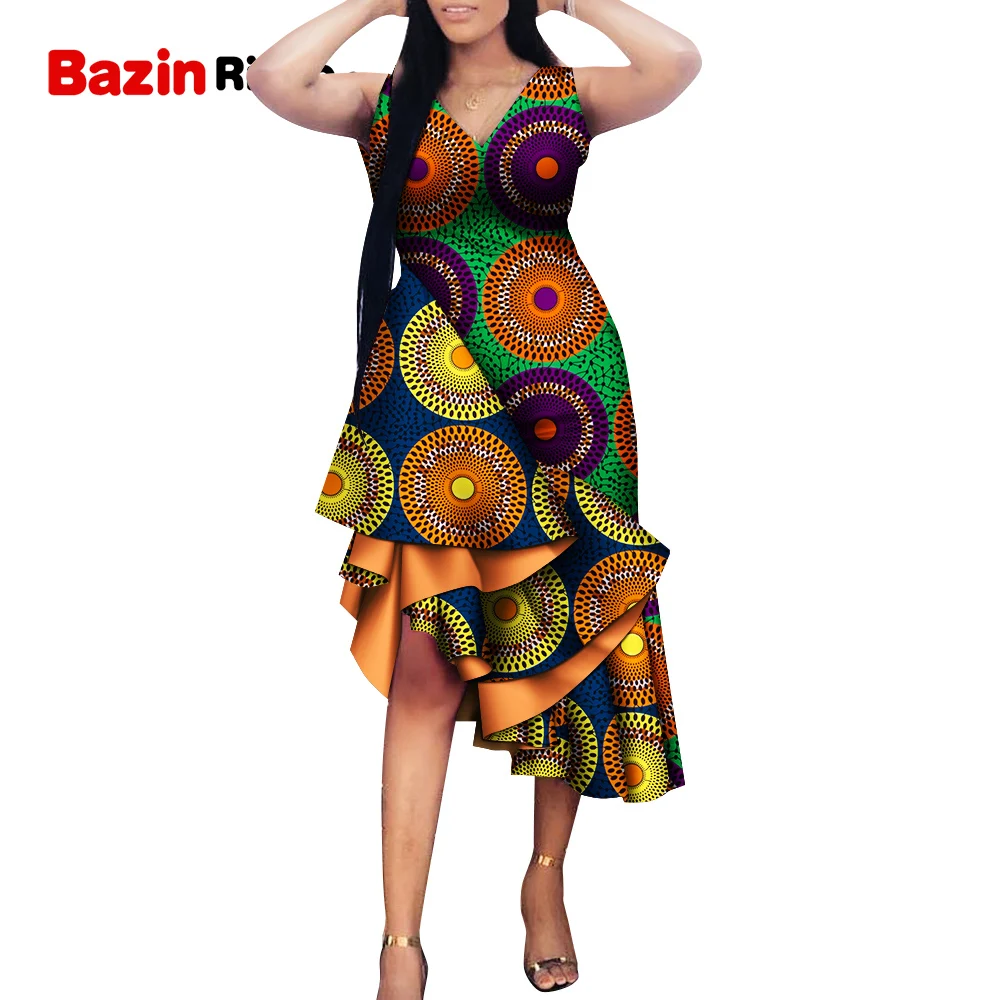

African Dress for Women Sleeveless V-neck High Waist Ankara Fabric Wax Formal Dress Cotton Bazin Riche Plus Size Clothing WY9924