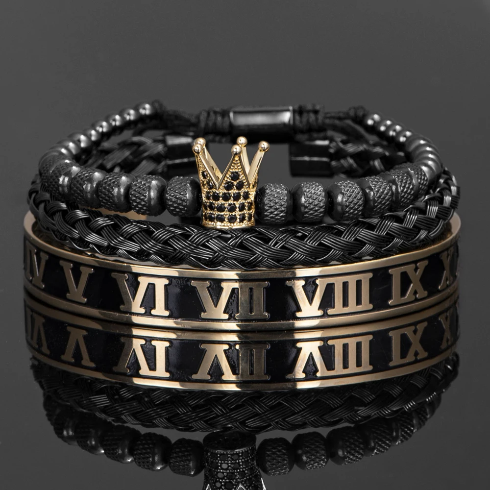 

Luxury Crown Handmade Men Enamel Roman Numeral Bangles Hemp Rope Buckle Open Stainless Steel Micro Pave CZ Luxury Jewelry