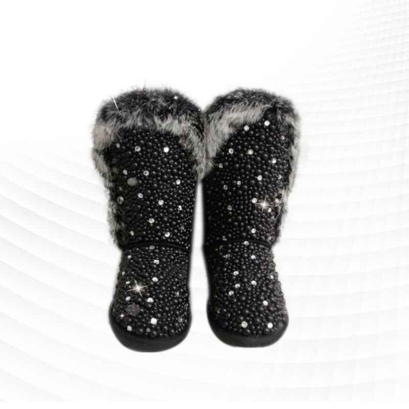 

Черные ботинки средней длины из лисьего меха с жемчугом, аксессуары на заказ, зимние ботинки с меховой вставкой, женские ботинки больших размеров 35-44