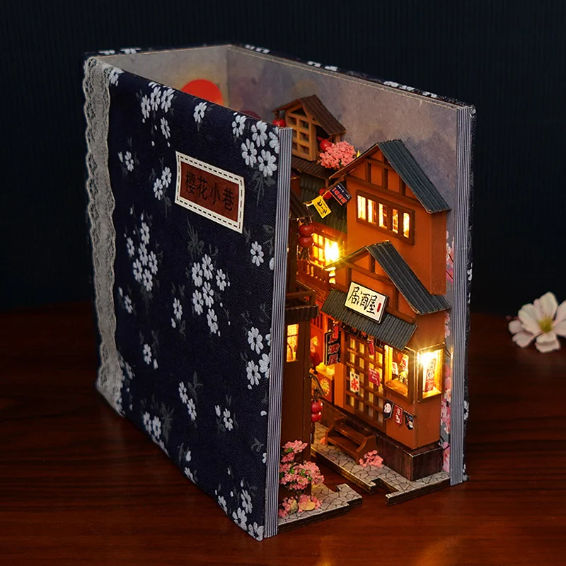 

DIY Wooden Japanese Store Book Nook Shelf Insert Kits Miniature Dollhouse with Furniture Cherry Blossoms Bookends Toys Gifts