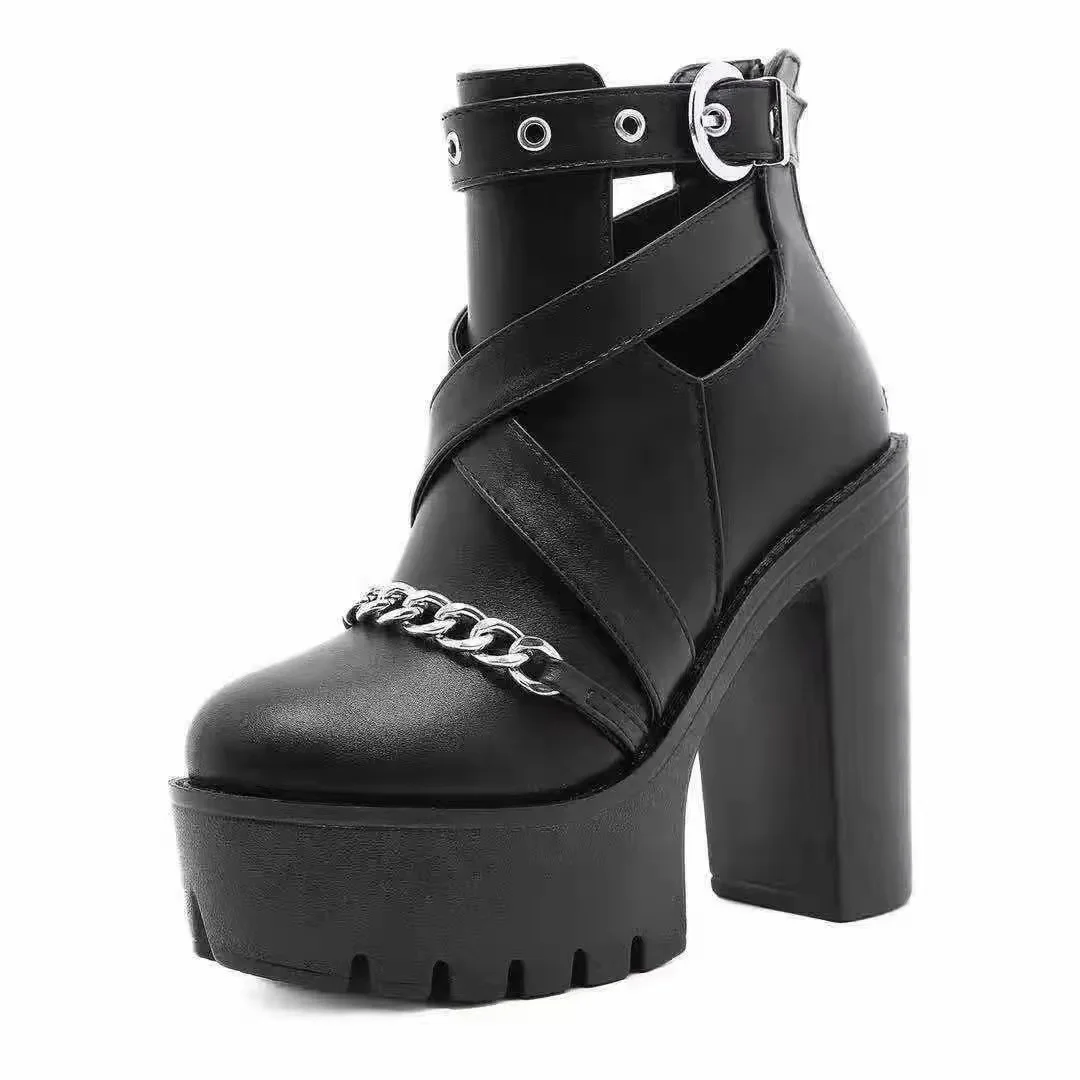New sexy High heels Fashion Ankle Boots For Women High Heels Casual Cut-outs Buckle Round Toe Chain Thick Heels Platform Shoes
