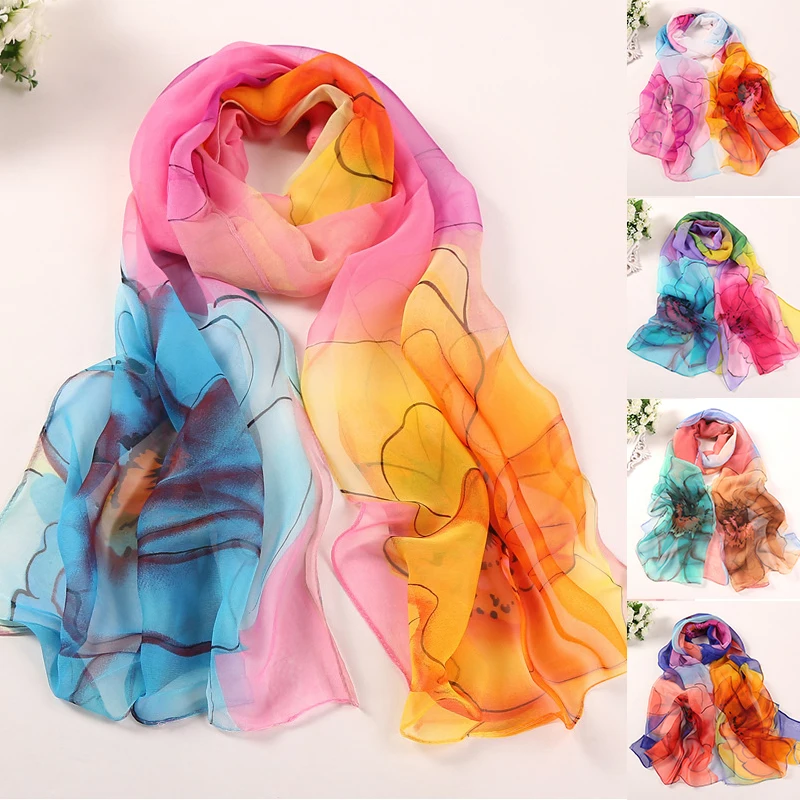 

Women Beach Silk Feeling Neckerchief Floral Print Long Scarf Sunscreen Shawl Big Flower Chiffon Scarf Georgette Thin Scarves
