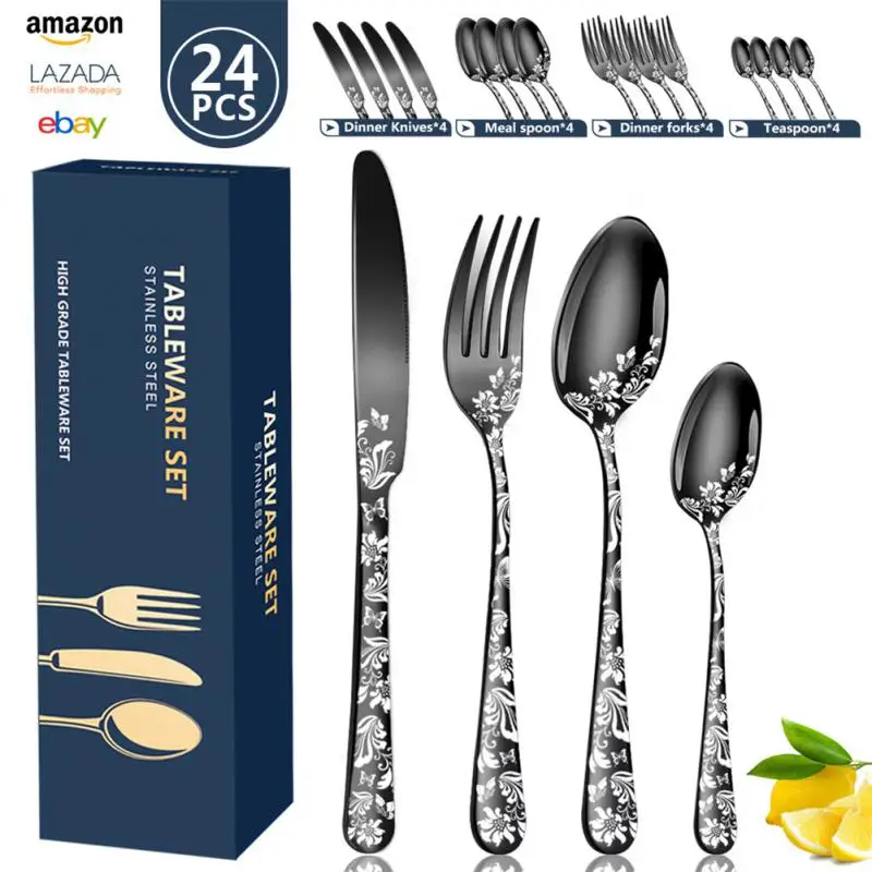 

24 Piece Patterned Stainless Steel Tableware Dinnerware Cutlery Set Western Steak Knife, Fork And Spoon Set Kitchen Dinner Set