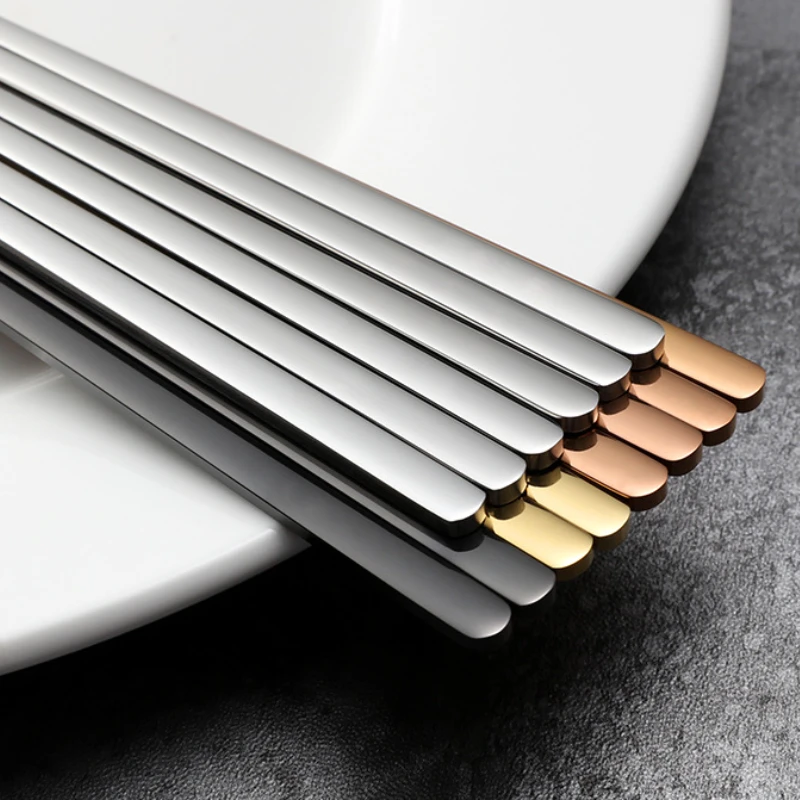 

1 pair Korean Stainless Steel Solid Flat Chopsticks Titanium Gold Japanese Sushi Chinese Chop Sticks Kitchen Dinnerware Tools