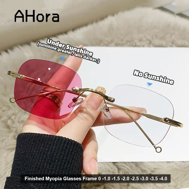 

Ahora Stylish Photochromic Finished Myopia Eyeglasses Colorful Rimless Lens Optical Frame Diopters 2023 New Spectacles Frames