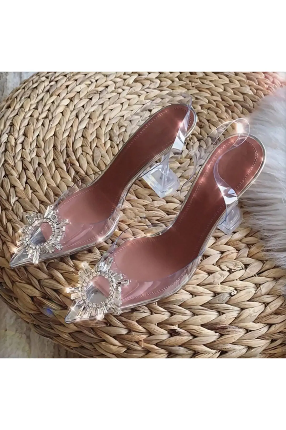 

Women Princess silver Nude Taba white transparent heels stoned Stiletto pointed toe sandals shoes PrincessLove