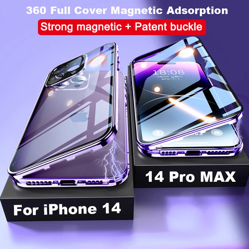 

360° Full Metal Magnetic Adsorption Case For iPhone 14 Pro 13 12 11 Pro MAX 12Mini Aluminum Alloy Frame Double Sided Glass Cover