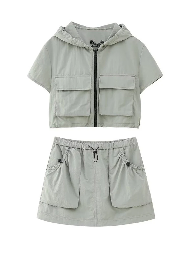 

2023 Womens Summer 2 pieces sets Hooded Short Shirts Tops and Shorts Skirts Solid Elastic waist Female Street Two Suits