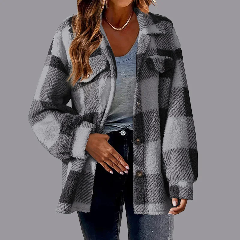 

1pc Women Printing Splice Jacket Plush Short Coat Outerwear Plaid Warm Commuter Loose Thick With Pockets Winter Necessities