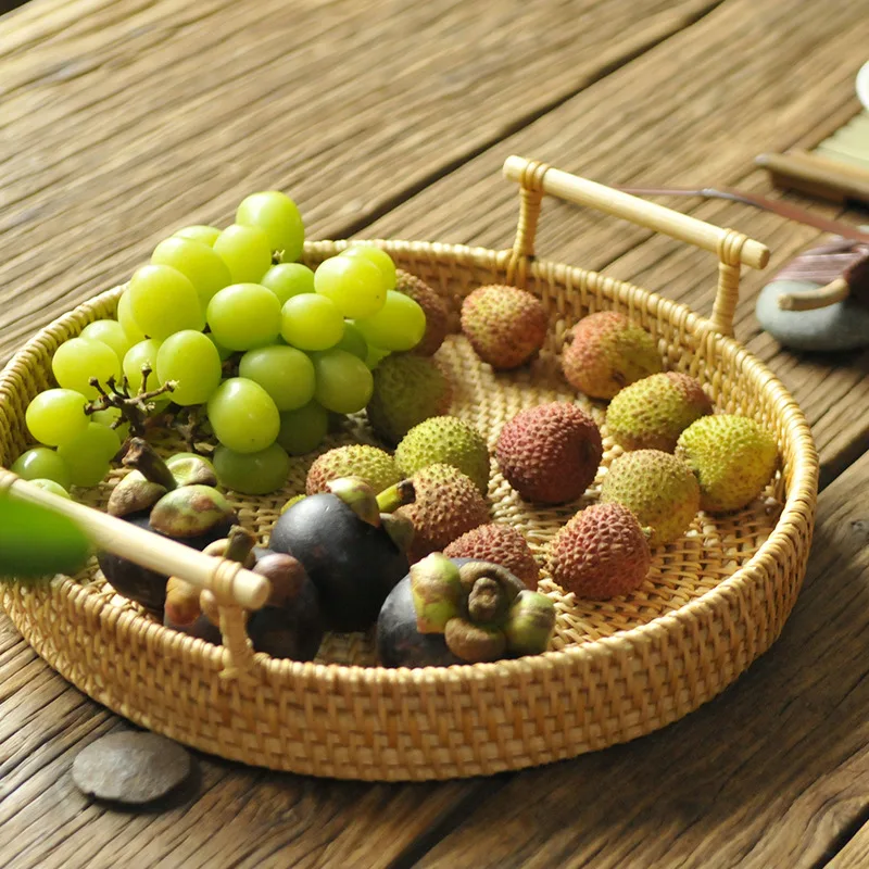 

Vietnam rattan hand woven tray Fruit tray bread basket double ear Handle tray Antique rattan woven round fruit tray