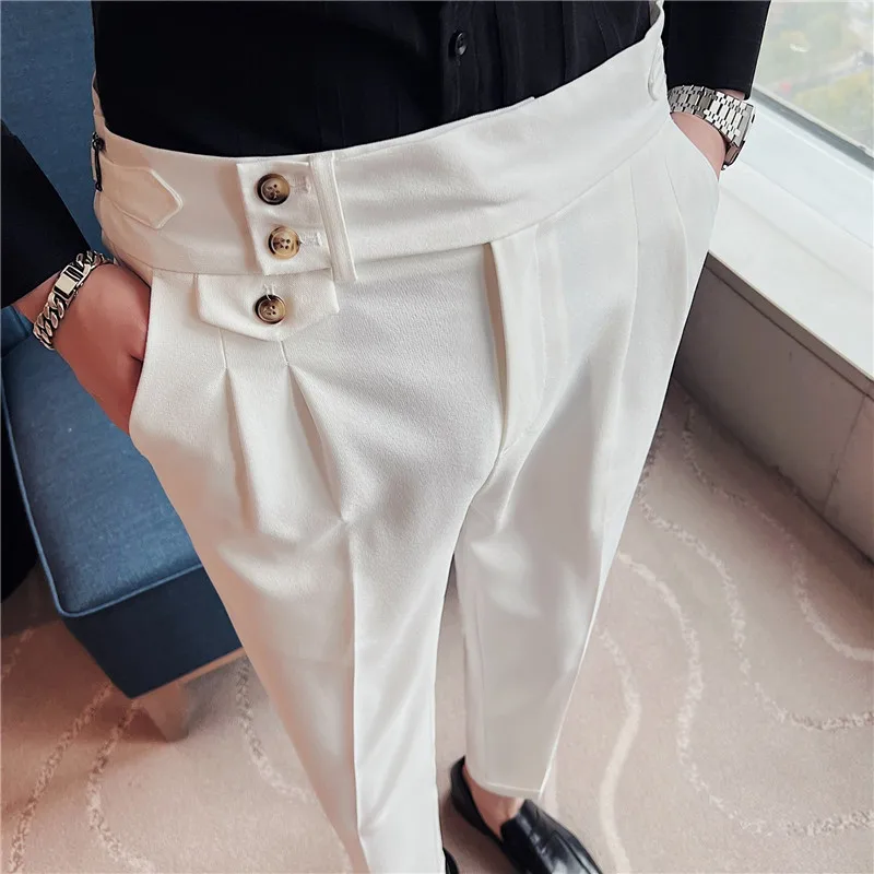 

Men's Business Dress Pants High Waist Solid Color Temperament Trousers Casual Office Slim Suit Pants Wedding Dress Trousers