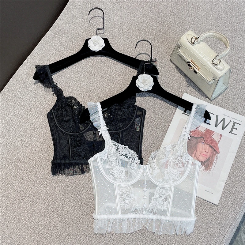 

2022 Summer Sexy Top Femme New Sweet Ruffled Short Sling Camisole Seaside Tanks White Black