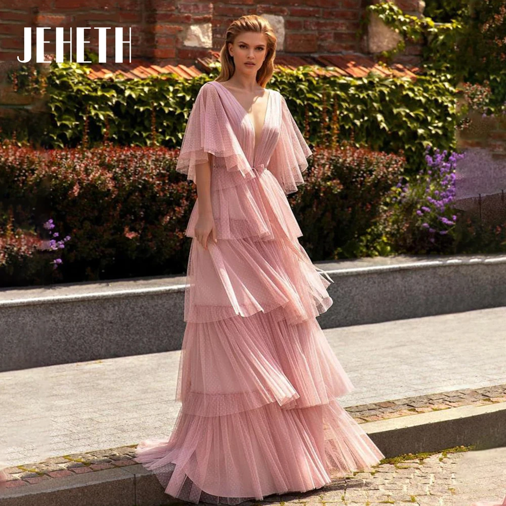 

Pink Elegant Long Evening Dress Tulle Formal Party V-Neck Prom Gowns A-Line Tiered Backless Custom Made Vestido De Gala Elegante