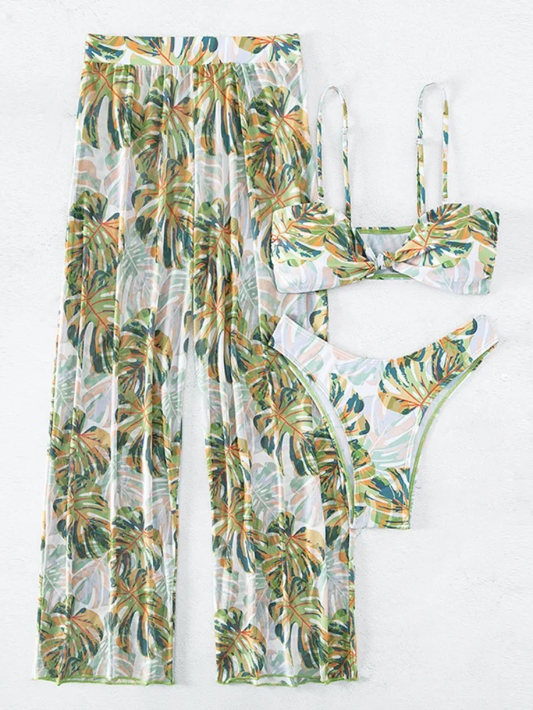 

Sexy Women 3 Pieces Swimsuits Mesh Pants Cover Ups Swimming Suits Female Swim Wear Print Bandeau Bikini Summer Outfits Beachwear
