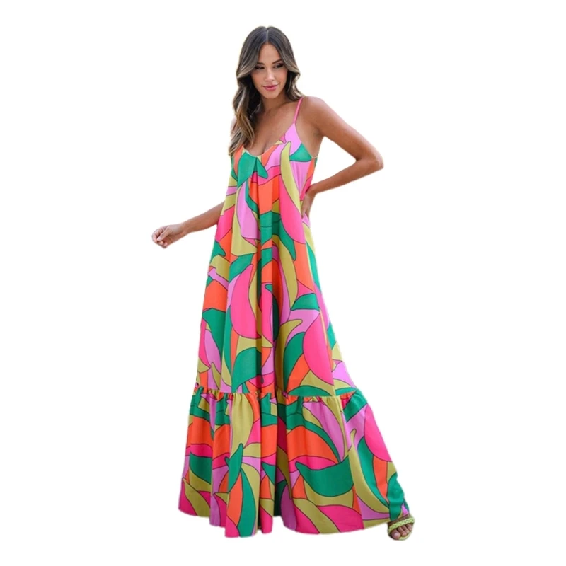 

Bohemian Floral Sling Ruffle Skirt Spaghetti Straps Dress Sleevelessl Gresses Drop shipping