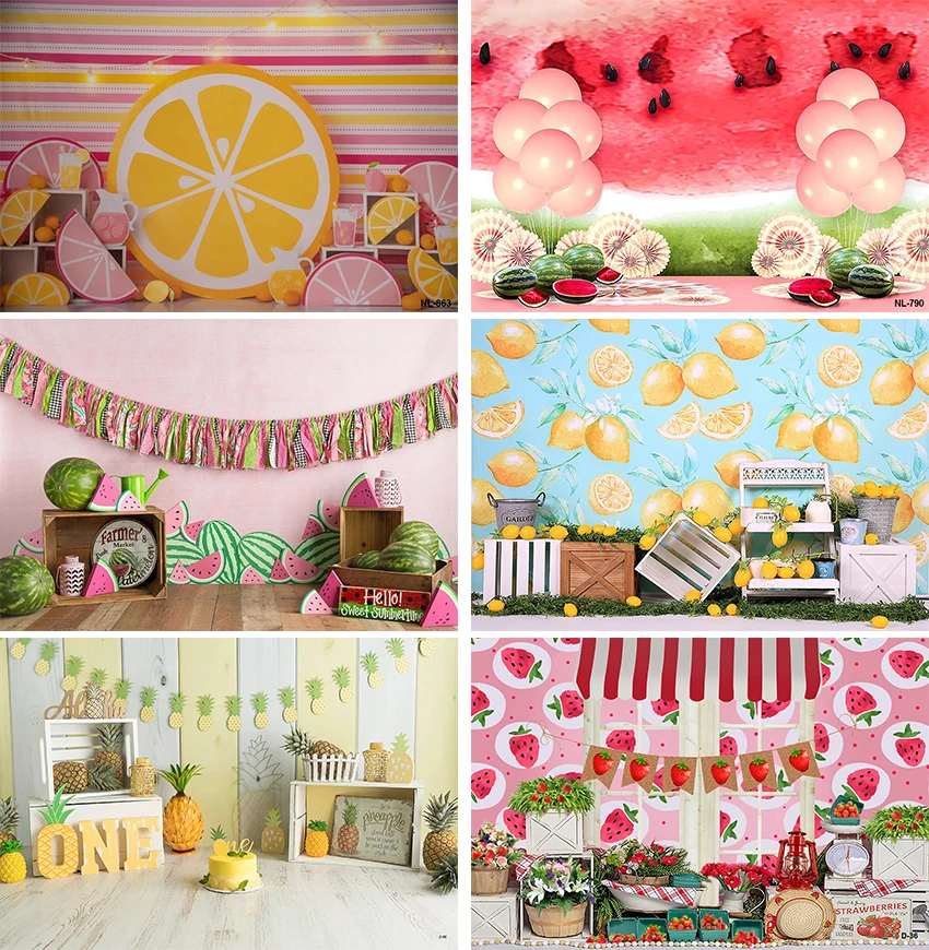 

Summer Watermelon Photography Backdrops Colorful Balloons Fruit Child Cake Smash Green Background Props Photo Studio Baby Shower