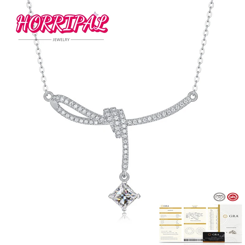 

HORRIPAL 1CT Princess Cut Moissanite Necklace S925 Sterling Silver Bow-knot Choker Gift for Girlfriend Pass Tester 100%with GRA