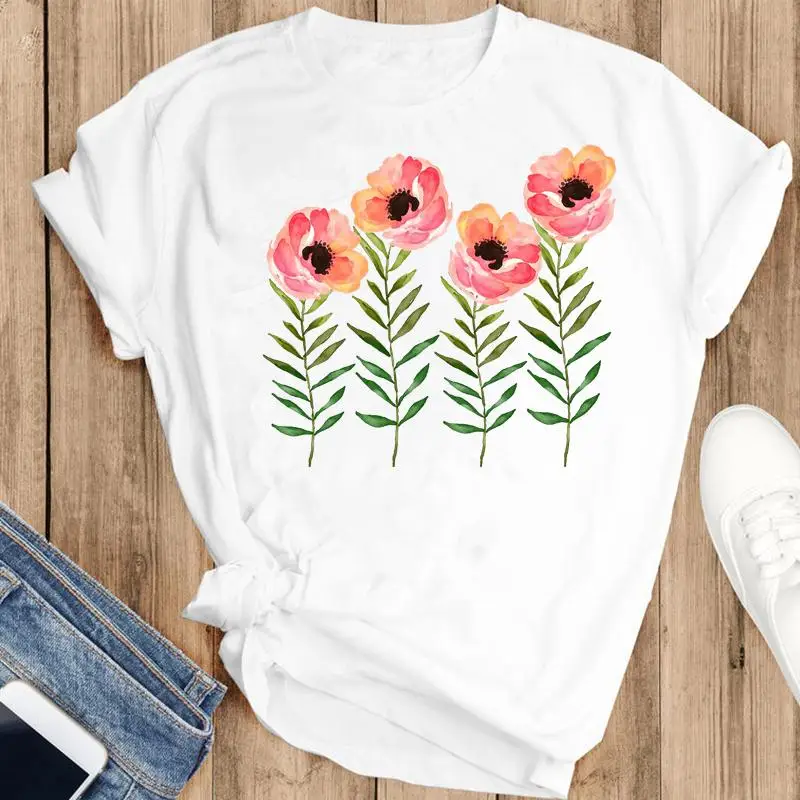 

Women Sweet Flower Watercolor Beach Cartoon Casual Fashion Summer Lovely Clothes Print Short Sleeve Tops Tees Tshirt T-Shirt