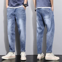 jeans mens 2022 summer thin trend straight casual pants light blue elastic waist loose harem long pants
