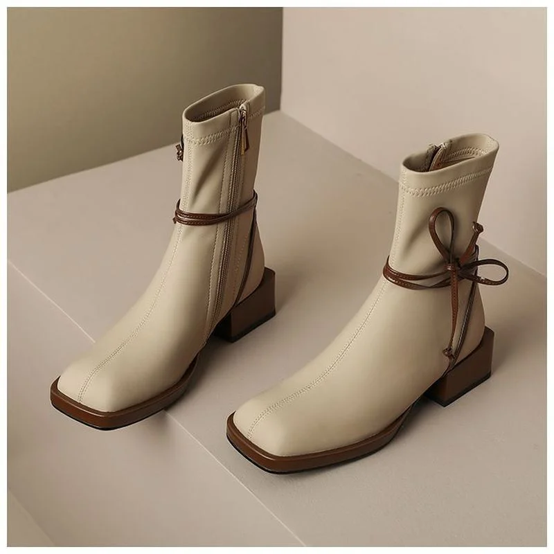 2022 Fashion Ankle Boots Thick Bottom Zipper Pu Leather Autumn Botas De Mujer Square Toe Mid-heel Winter Short Boots New
