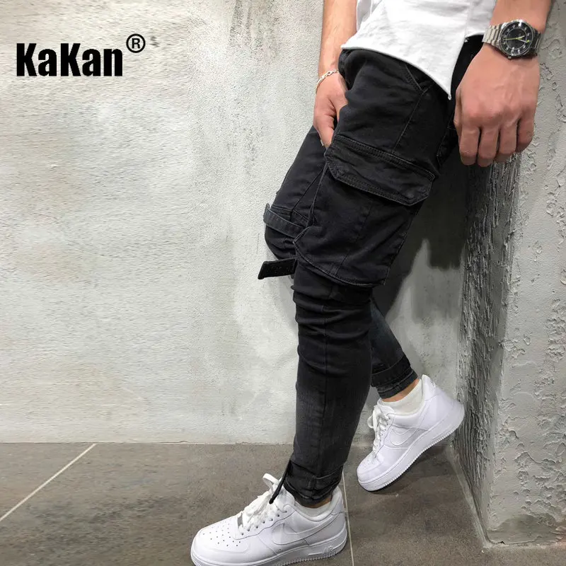 Kakan - New European and American Large Pocket Casual Strap Small Foot Jeans for Men, Black Slim Fit Long Jeans K49-105