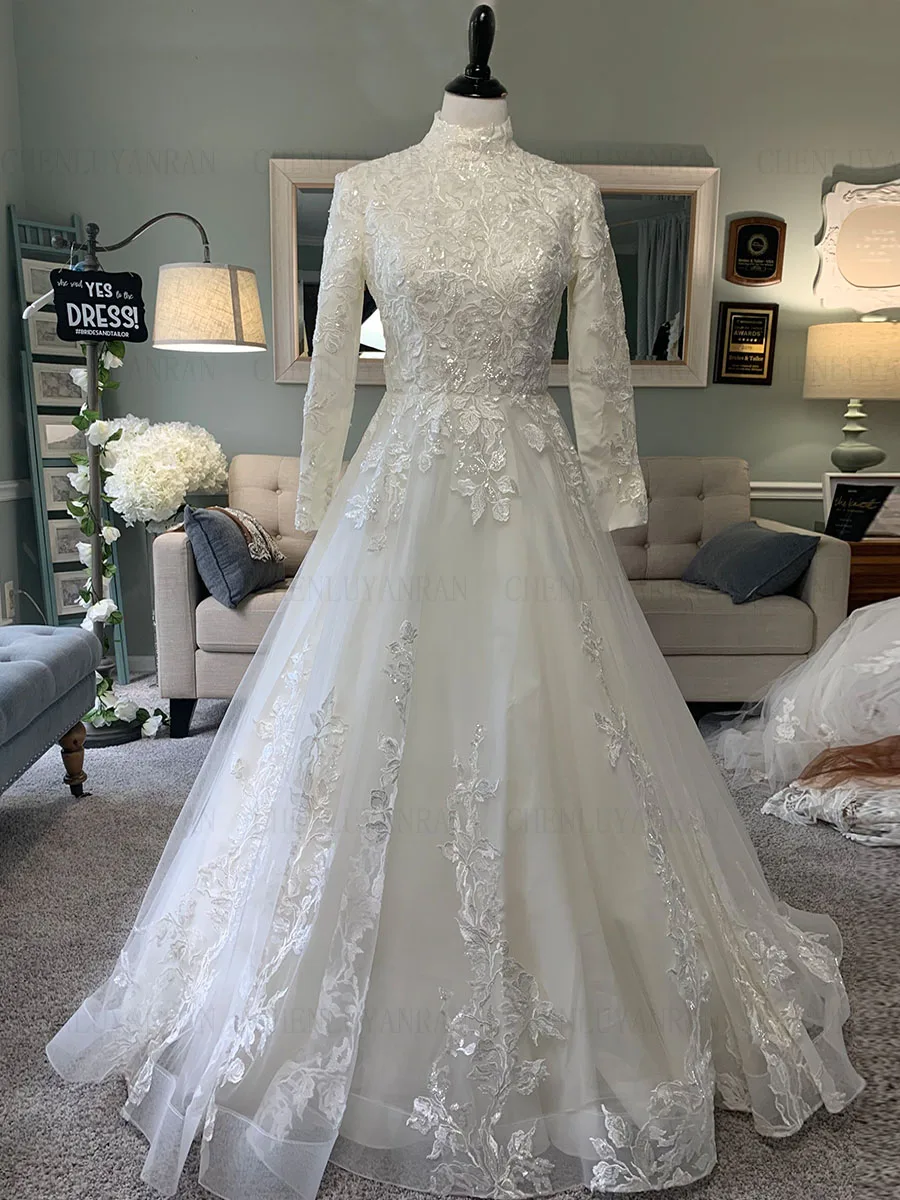

Beach Muslim Wedding Dresses For Women Sweep Train A-line Wendding Dress Zipper Tulle Dresses For Women 2023 فستان حفلات الزفاف