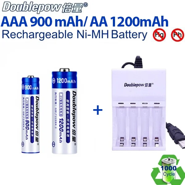 

100% Оригинальный перезаряжаемый аккумулятор Doublepow AA AAA 1,2 в Ni-MH 900 мАч 1200 мАч сверхбыстрое зарядное устройство