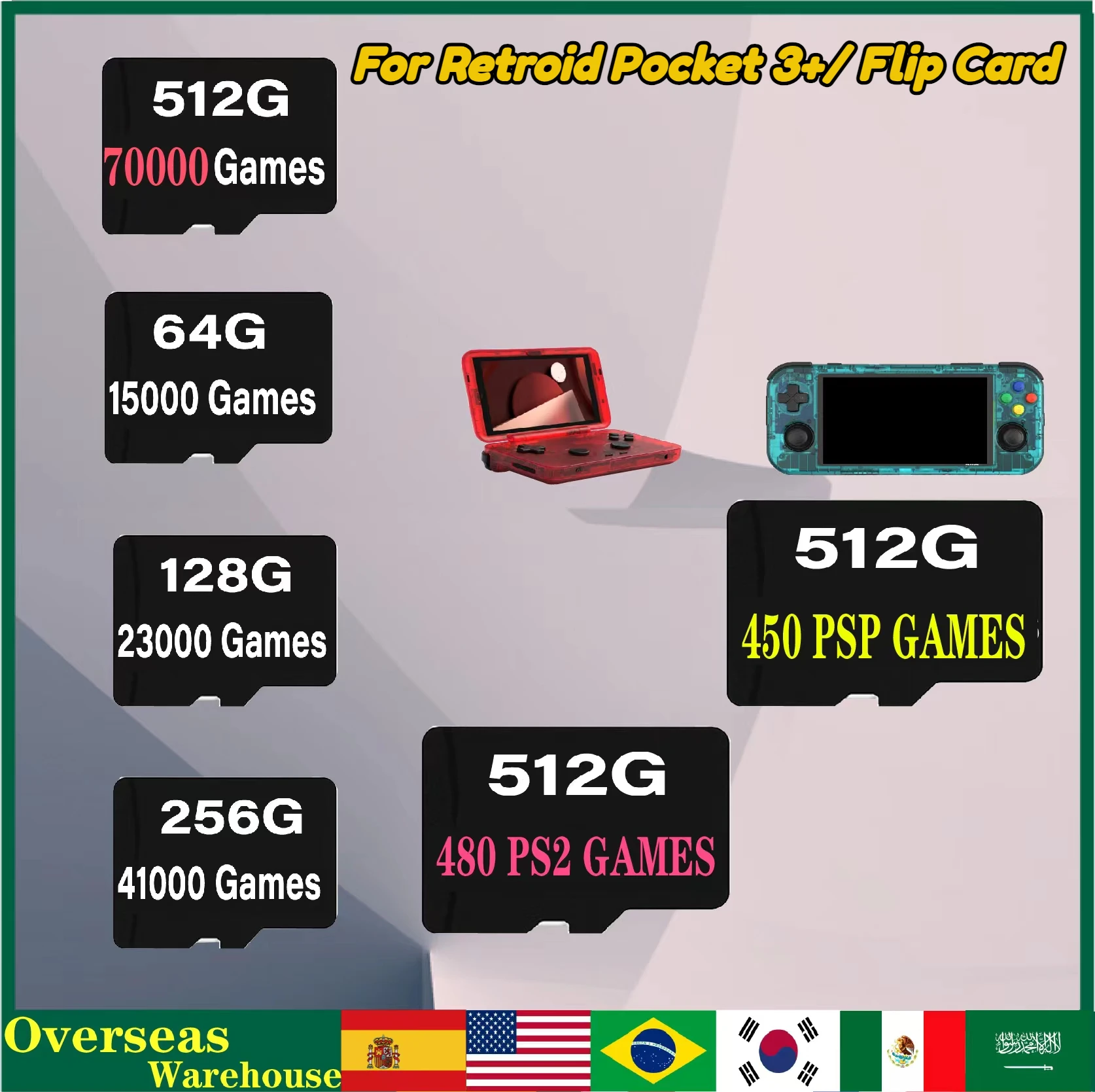 

512G for Retroid Pocket 3+/ Flip TF Card Retro Handheld Game Preloaded 70000 GAMES 450 PSP GAMES 480 PS2 GANES