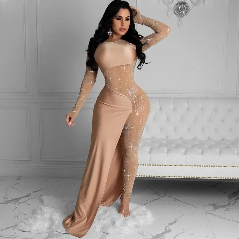 

Elegant Women Bodycon Jumpsuit Long Sleeve High Split Diamonds Evening Club Romper Transparent Slim Hem Ladies Party Playsuit