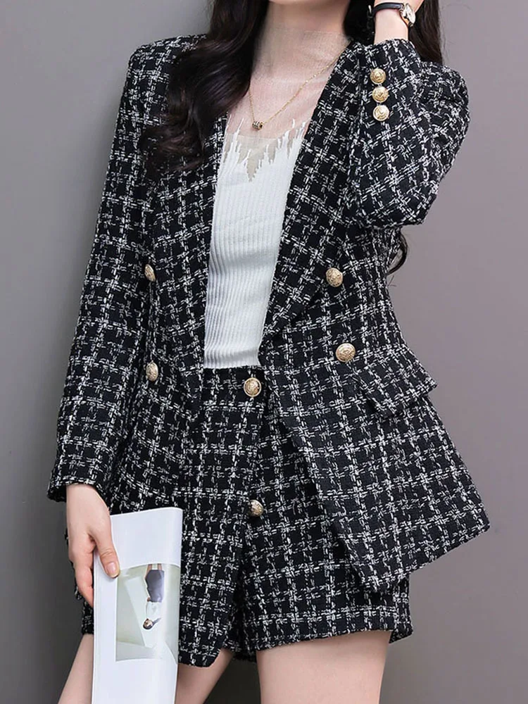 Женский офисный костюм из 2 предметов клетчатый шерстяной пиджак с длинным