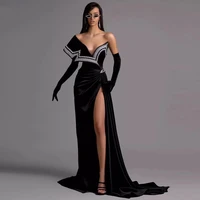 vinca sunny asymmetric velour prom dress pearls high slit pageant dress mermaid black velvet evening gown robe de soiree