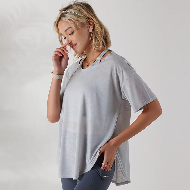 With Logo Spring And Summer Yoga Clothes Women's Slim Fitness Short-Sleeved Breathable Quick-Drying Two-Piece Sports Tops