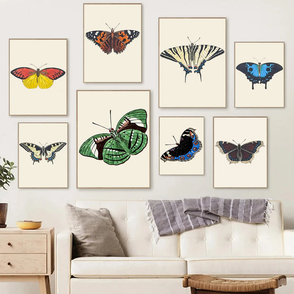 

Retro art colorful butterfly canvas painting wall art book animal Science and education poster corridor home decoration mural