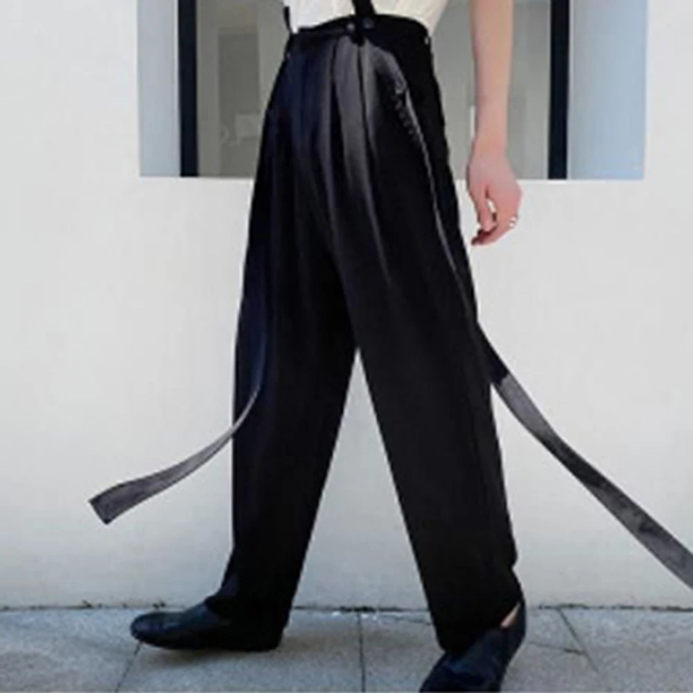Men Ribbon Suit Pant Men Casual Trousers Men Loose Straight Ancle-length Streetwear Retro Solid Button Wide led