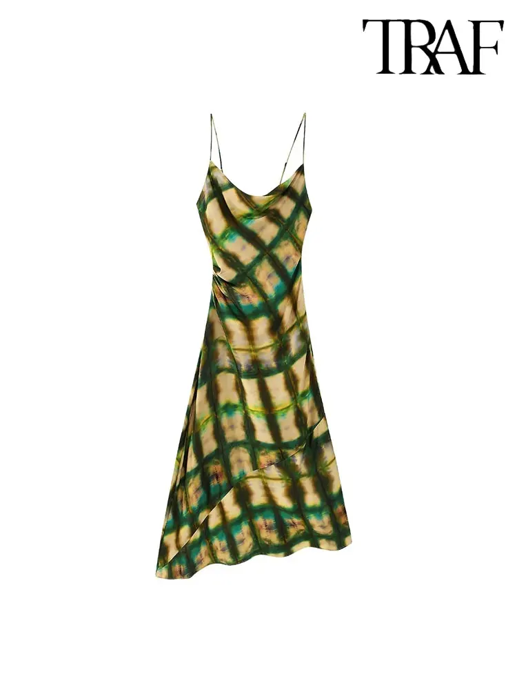 

TRAF Женское атласное платье-миди с асимметричным подолом, элегантное платье-комбинация с принтом, привлекательное летнее платье с глубоким вырезом, 2023