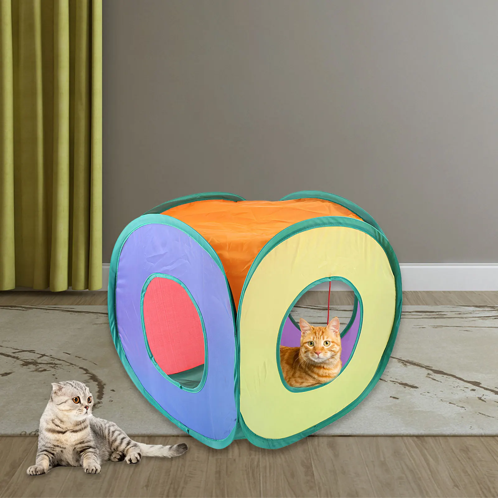 

Цветной квадратный туннель для кошек, высокопрочный канал для кошек, большая емкость, складная игрушка для домашних животных с подвесным мя...