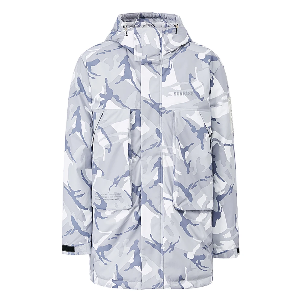 Metersbonwe  Man Camouflage Color Hooded Down Jacket 80% Gray Duck Down Warm Winter Cargo Style Stereo Pocket Long Down Coat