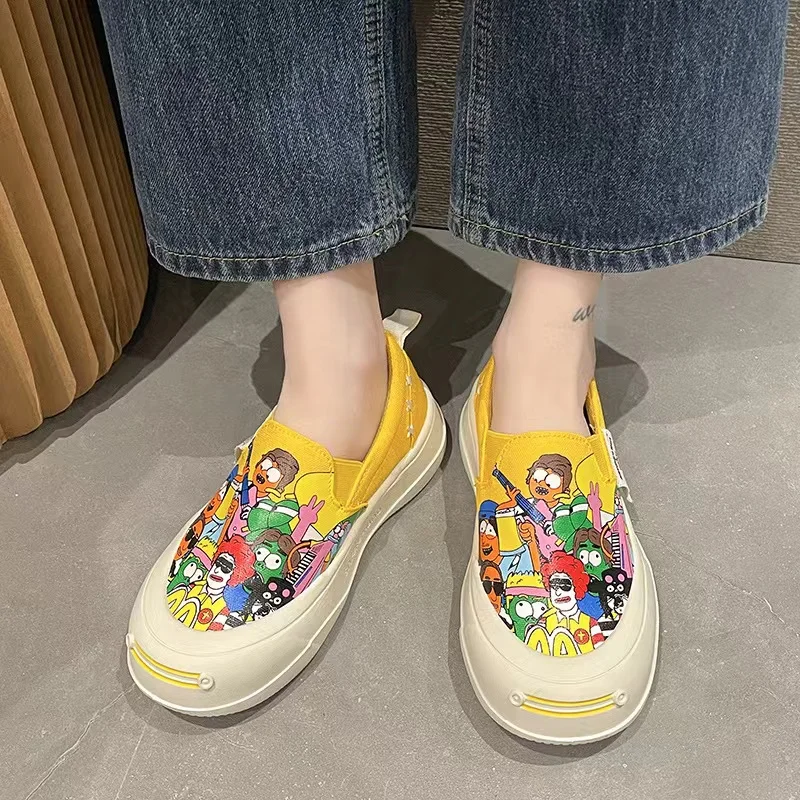 SENDNAKAI Women's Korean Edition Graffiti Canvas Shallow Mouth Single Shoes Round Toe Fish Mouth Sports Casual Shoes Breathable