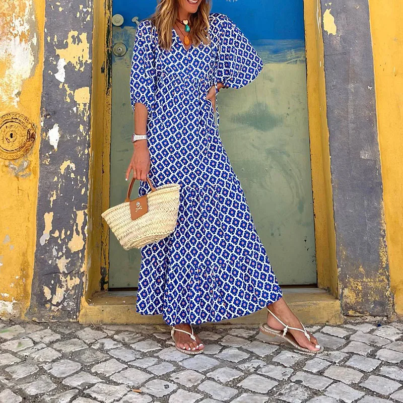 

Vintage Pattern Printed Long Dress Ladies Summer Puff Sleeve V Neck Drawstring Dress Women Casual Fashion Loose Commuter Dresses