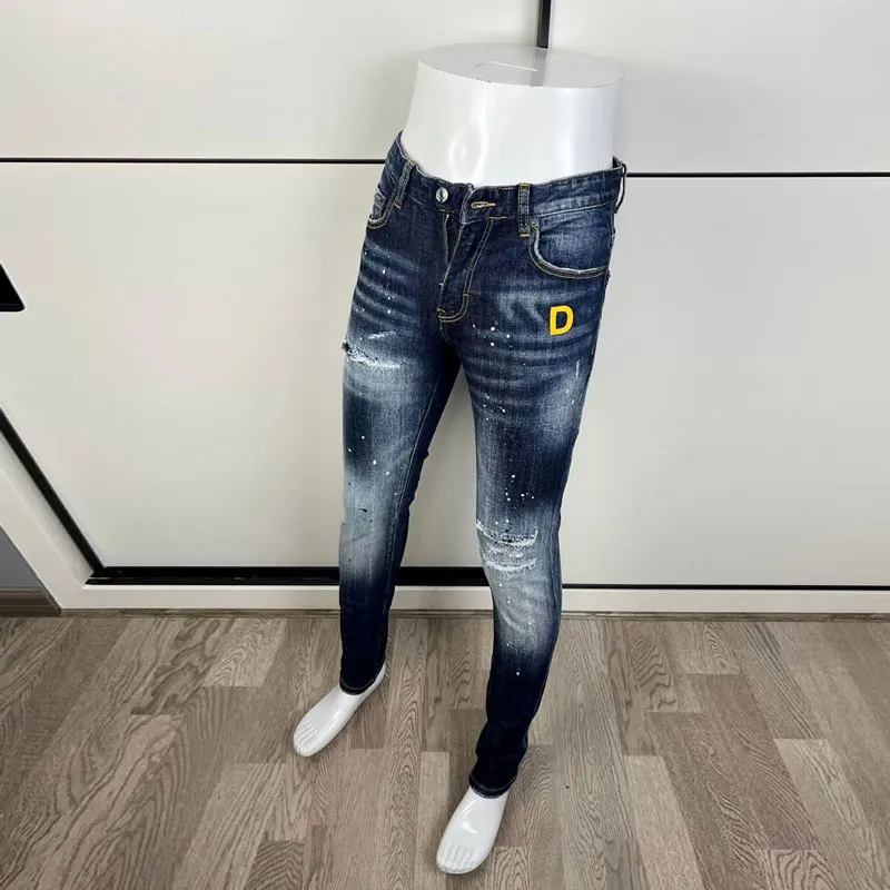 Street Fashion Men Jeans High Quality Retro Blue Elastic Slim Fit Painted Ripped Jeans Homme Embroidery Designer Brand Pants Men