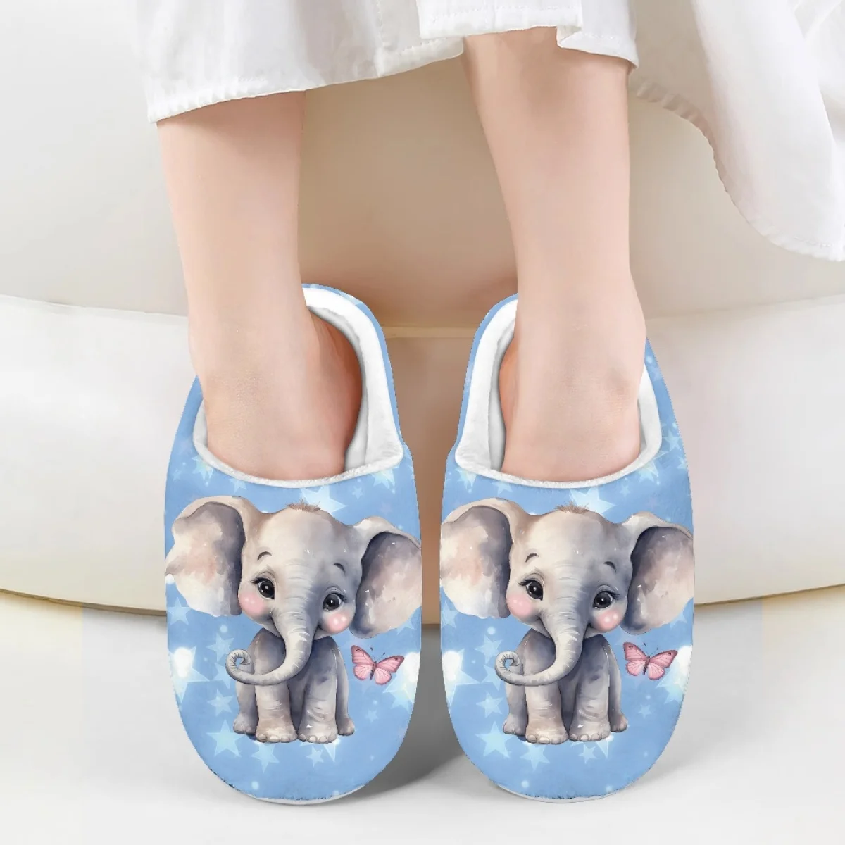 

Elephant Butterfly Pattern Girls Boys Autumn Winter Soft Cotton Slipper Wear-Resistant Non-Slip Indoor Keep Warm Plush Slippers